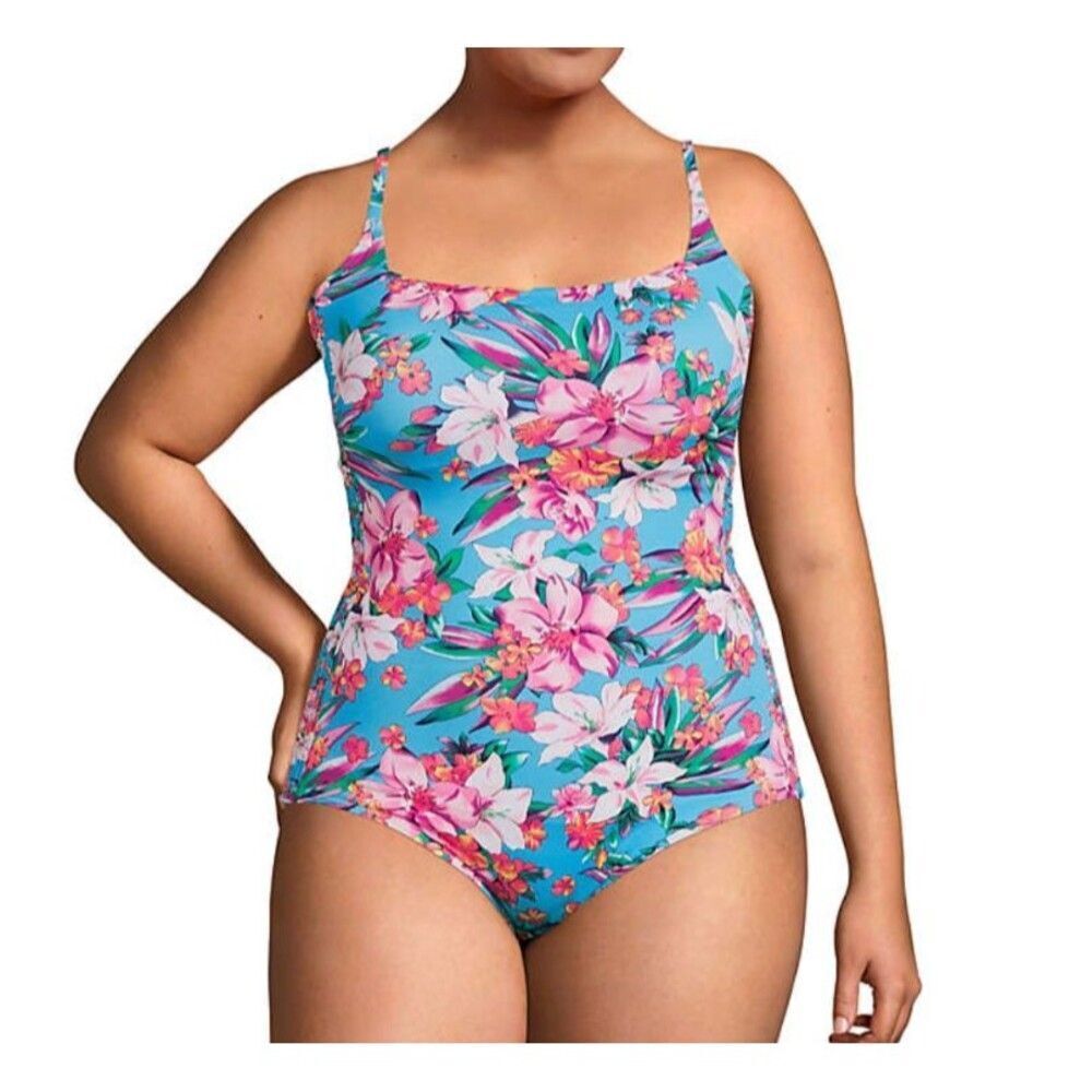 lands end swimsuit 2x turquoise blue floral One Piece new